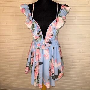 Luxxel Blue Floral Ruffle Plunge Neck Romper, Women’s Size Medium